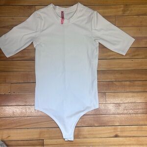 Spanx Suit Yourself Bodysuit Ribbed Crew Neck Sm Ivory Modern Minimalist Chic